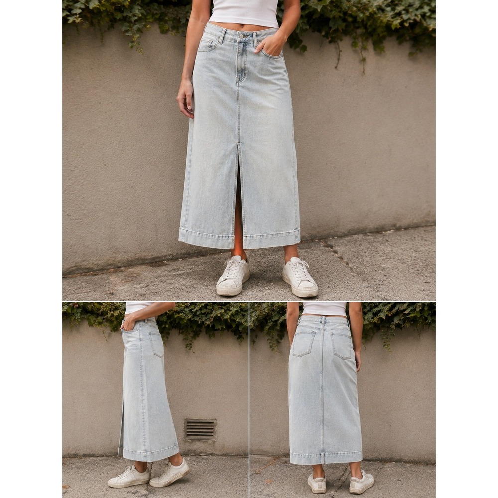 Mica Los Angeles Denim High Rise A Line Midi Skirt Small Light Wash Front Slit